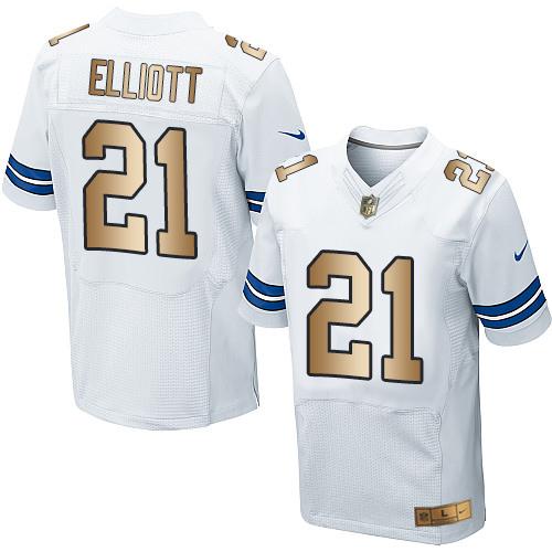 Nike Cowboys #21 Ezekiel Elliott White Men's Stitched NFL Elite Gold Jersey - Click Image to Close